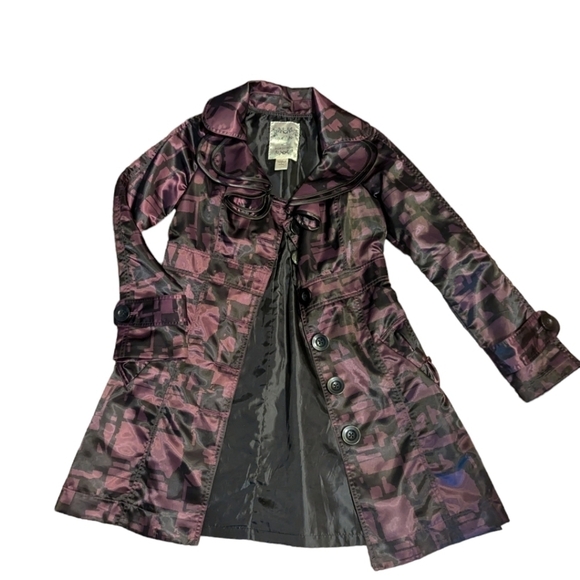 Nick & Mo Anthropology purple/ black satin ruffle collar unique trenchcoat sz S - Picture 9 of 13